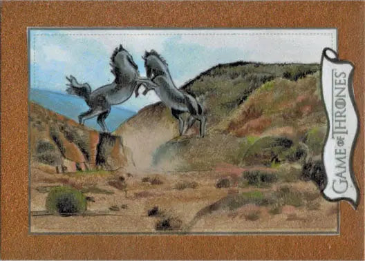 Two wild horses rearing in a desert for Thrones Season sketch card by Louise Draper