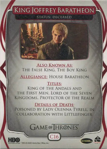 Chase card trading card of King Joffrey Baratheon from Game of Thrones biography