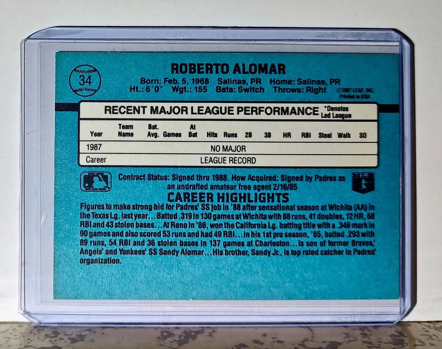 Roberto Alomar 1988 Donruss MLB #34 Baseball Card San Diego Padres - Baseball Card Single