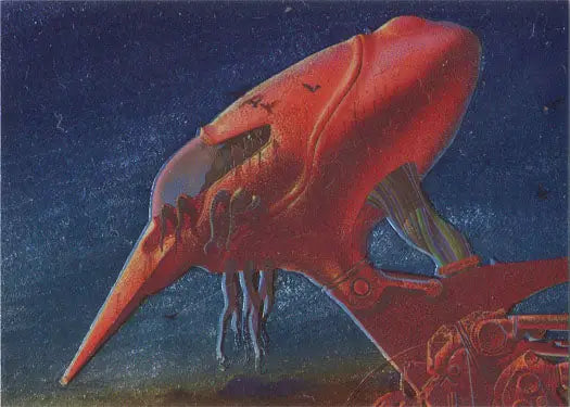 Surreal alien-like red creature with long beak in Roger Dean Metallic Storm Chase Card