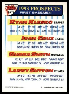 Ryan Klesko / Ivan Cruz / Bubba Smith / Larry Sutton 1993 Topps #423 - Baseball Card Single