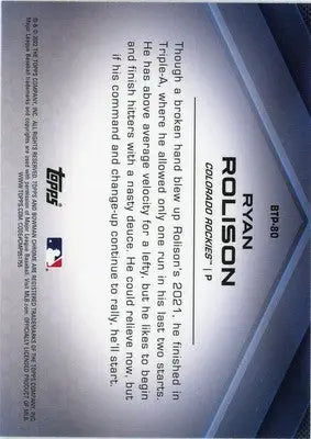Ryan Rolison 2022 Bowman Bowman Scouts’ Top 100 #BTP-80 Colorado Rockies - Baseball Card Single