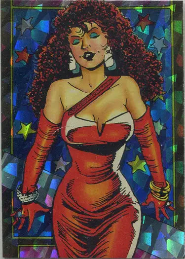Stylized illustration of a curvy woman in red dress for Sachs & Violens Prism Chase Card