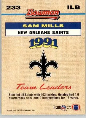 Sam Mills - 1992 Bowman - #233 - Football - Football Card Single
