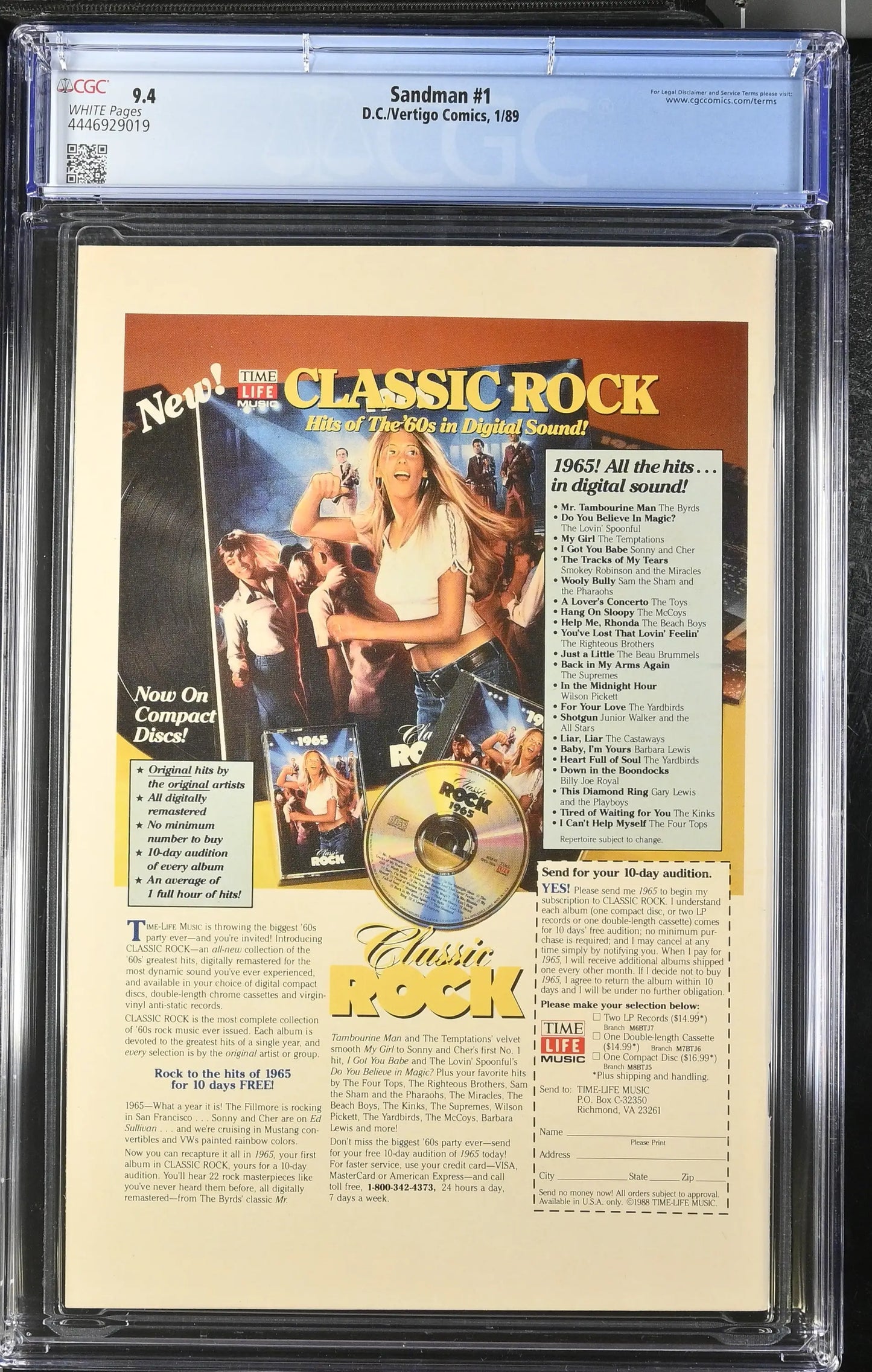 Graded CGC 9.4 Sandman #1 with Classic Rock music compilation advertisement image