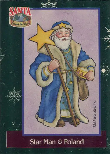 Illustration of Santa Claus as a wizard holding a star for foil chase card Star Man Poland