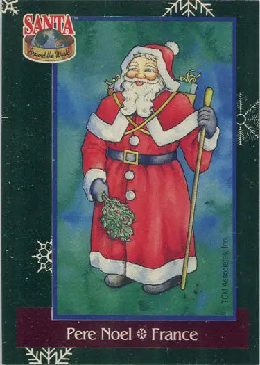 Jolly Santa Claus in red suit with staff and wreath on Santa From Around the World Foil Chase Card