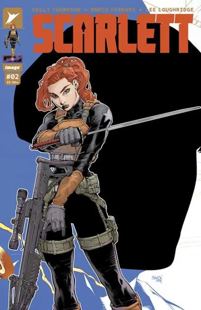 Comic book cover of Scarlett #2 featuring a red-haired character in tactical gear