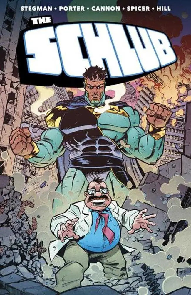 Superhero lifting businessman on Schlub TPB cover, perfect for trading cards fans