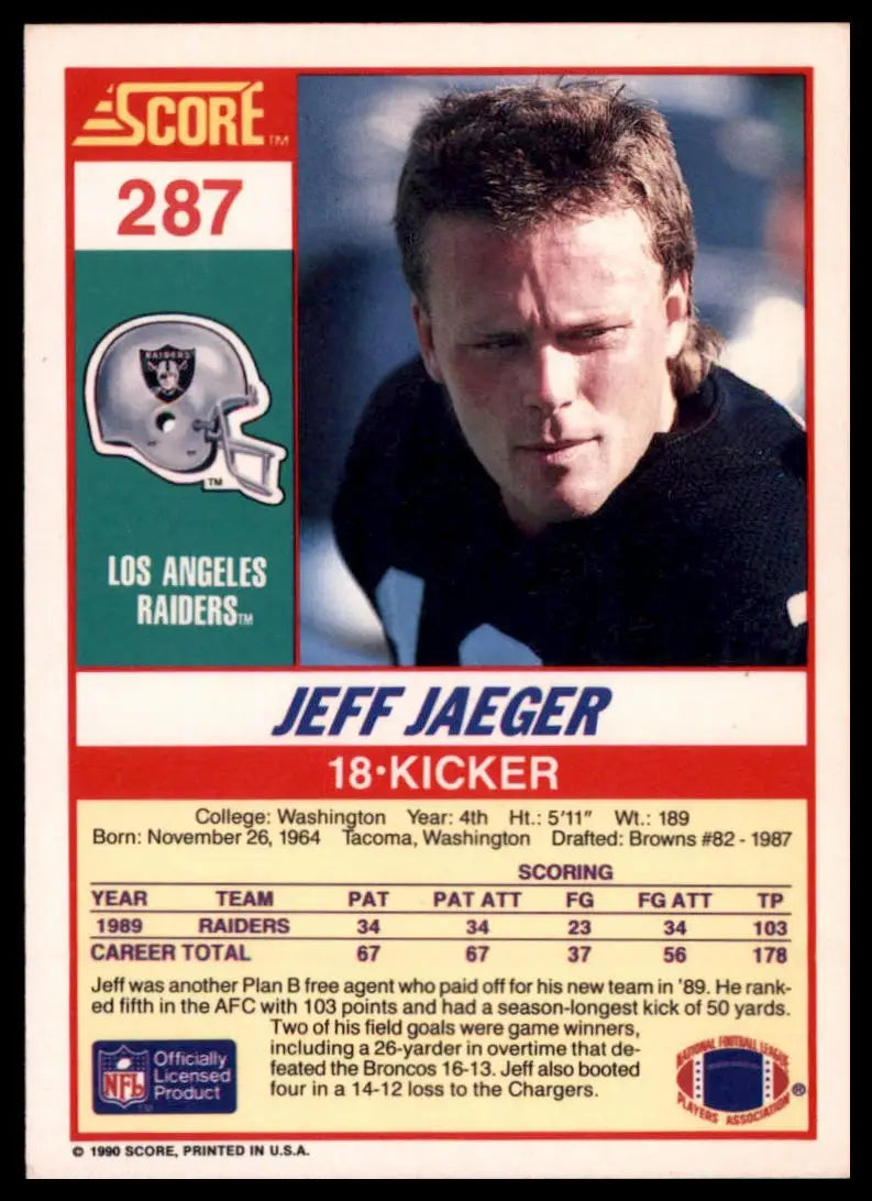 Score Jeff Jaeger 287 Los Angeles Raiders LP - Football Card Single