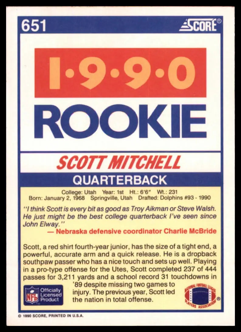 Score Scott Mitchell 651 Utah Utes LP - Football Card Single