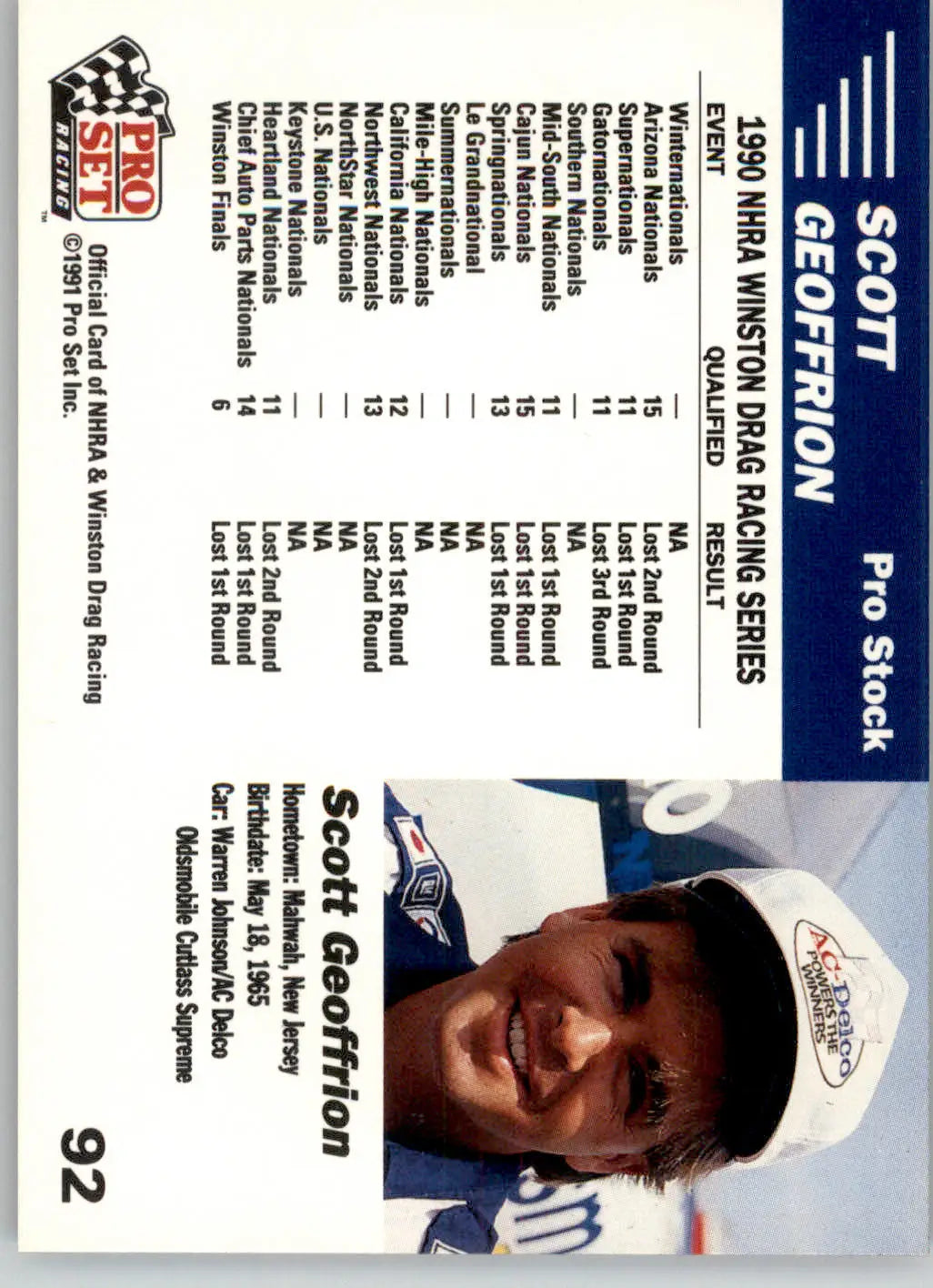 Scott Geoffrion’s Car - 1991 Pro Set NHRA - #92 - Racing - Racing Card Single