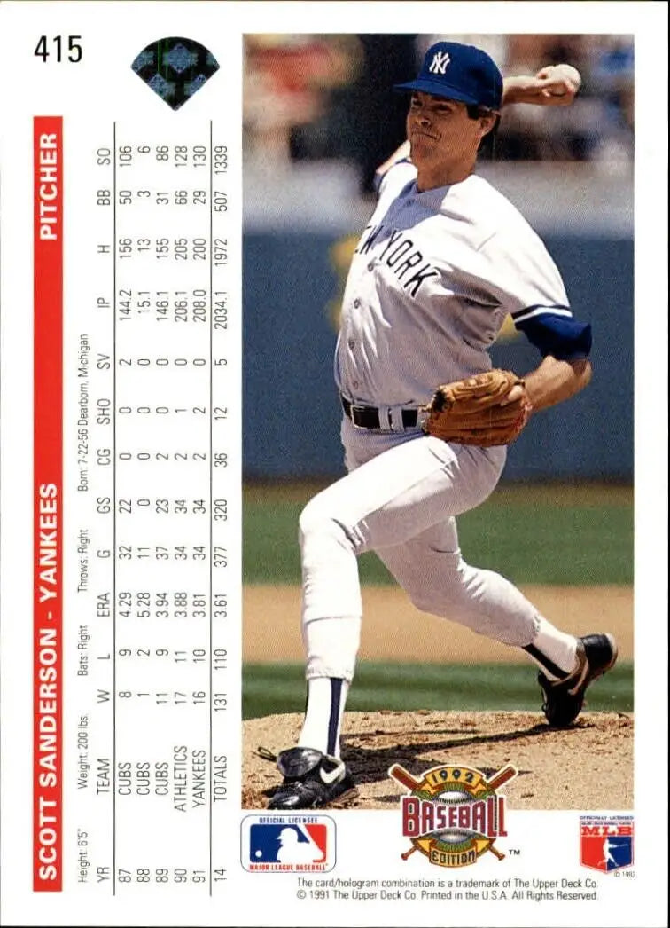 Scott Sanderson 1992 Upper Deck MLB #415 Baseball Card New York Yankees - Baseball Card Single