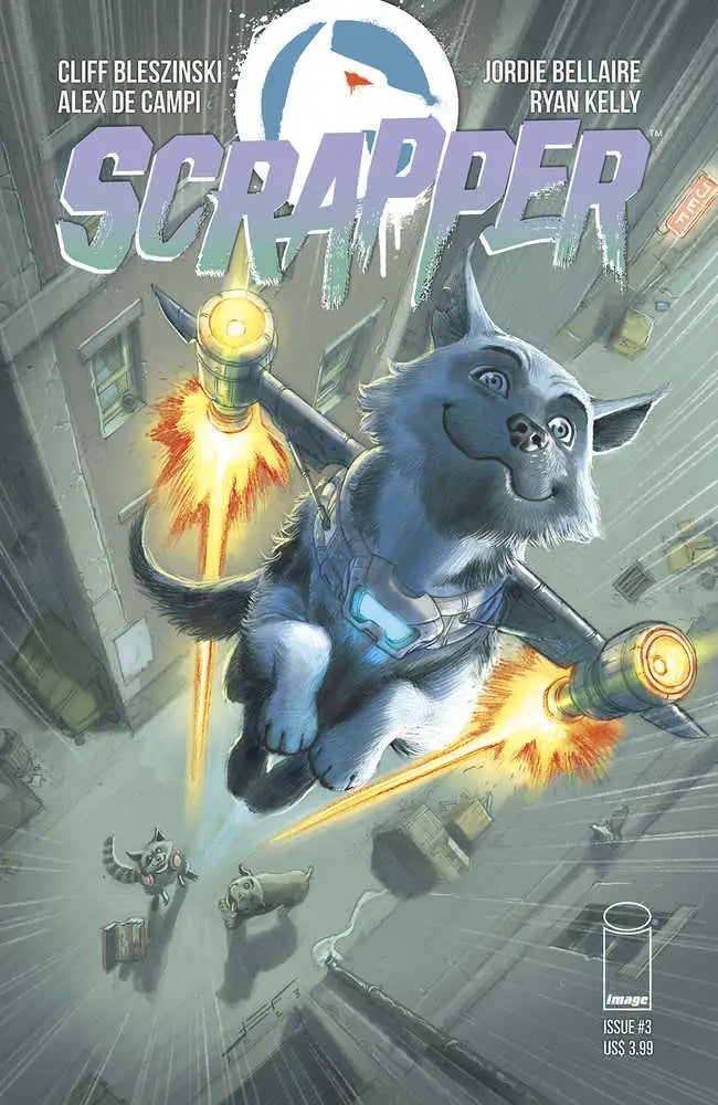 Blue creature with rocket boosters from Scrapper #3 flying in trading cards collection