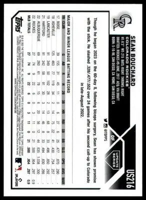 Sean Bouchard Rookie 2023 Topps Update #US216 Colorado Rockies - Baseball Card Single