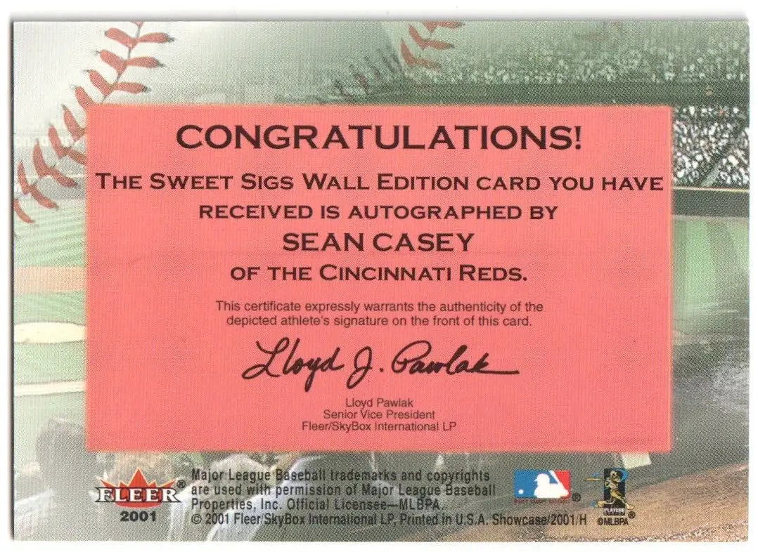 Autographed Sean Casey baseball card certificate for SEAN CASEY 2001 Fleer Showcase Sweet Sigs