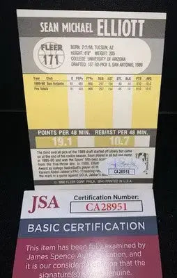 Sean Elliott RC 1990-91 Fleer #171 Rookie Card Hand Signed Auto Autograph JSA - Basketball Card Single
