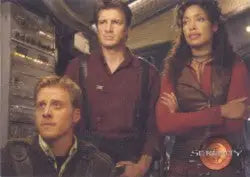 Three people posing in a futuristic setting with Serenity Chicagoland Expo Promo Card SPCEE