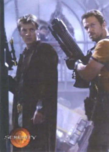 Two men wielding futuristic weapons in a sci-fi setting for Serenity Wizard World Promo Card SPWW
