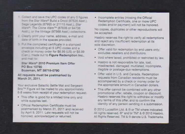 Star Wars Clone Wars redemption instructions for Sergeant Bric Galactic Battle Mat 2010