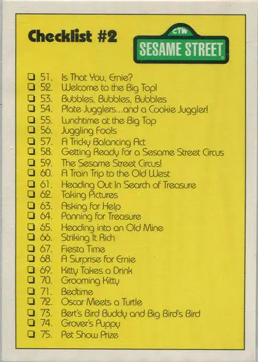 Sesame Street Checklist 2 Card featuring episode titles numbered 50 to 75 for trading cards