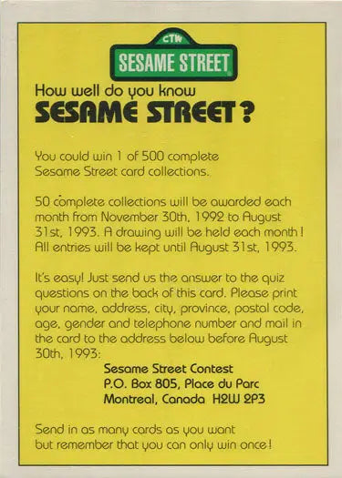 Vintage Sesame Street contest entry card for trivia contest display