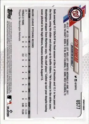 Seth Romero Rookie 2021 Topps Update #US77 Washington Nationals - Baseball Card Single
