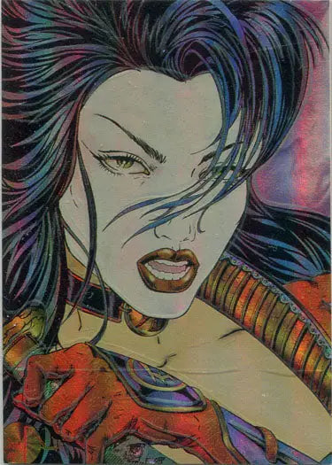 Colorful illustration of a fierce woman on Shi Comic Magnachrome Cover Chase Card M2