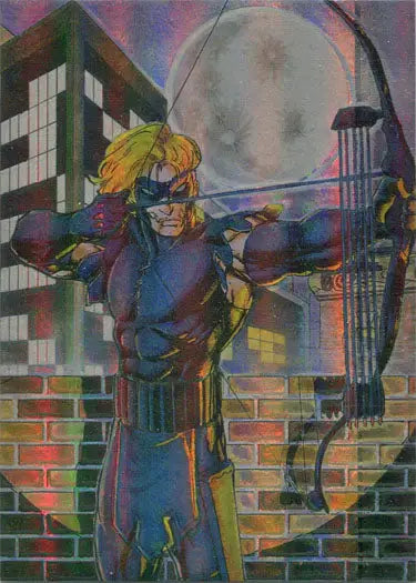 Colorful superhero in blue costume against vibrant cityscape for Shi Comic Crusade Chase Card