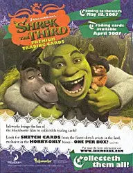 Green ogre character with a grin featured in Shrek the Third Trading Card sell sheet
