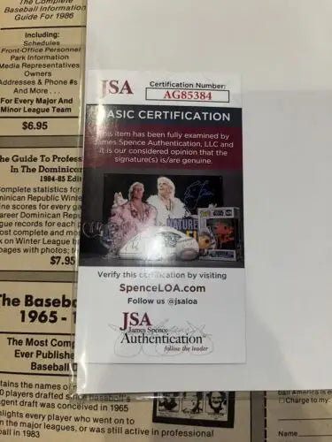 JSA authentication card for Signed March 1986 Baseball America Newspaper Wally Joyner Todd Worrell Auto