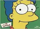 Cartoon character with blue hair and yellow skin holding a Simpsons promo card