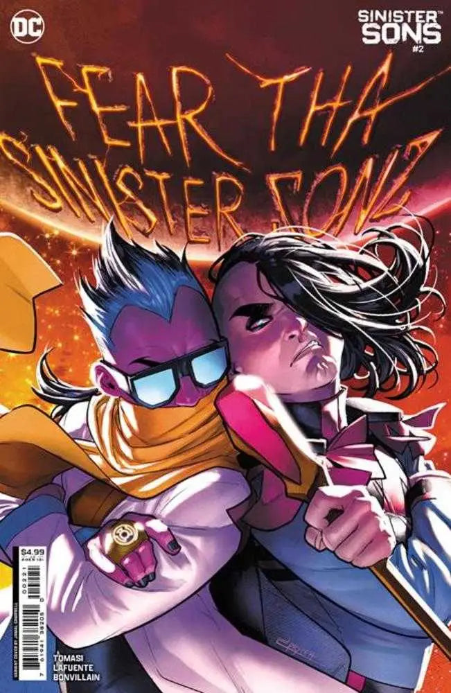 Comic book cover of Sinister Sons #2 featuring fiery orange title artwork
