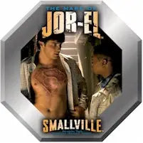 Octagonal graphic of two young men with Smallville Season text on a case topper card