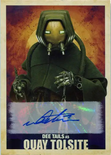 Hooded figure with glowing eyes holds a rose and keys on Dee Tails Quay Tolsite Autograph Card