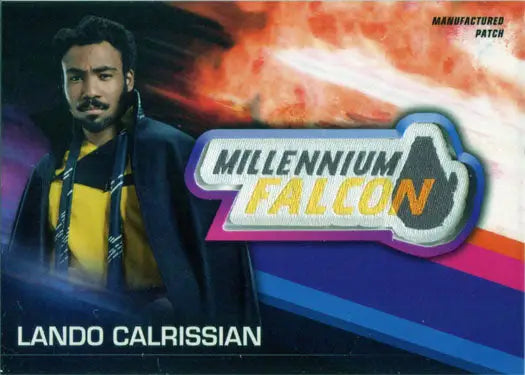 Patch card featuring Donald Glover as Lando with Millennium Falcon logo from trading cards