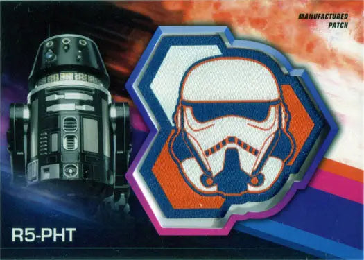 Stylized Stormtrooper helmet and R5 droid on Solo Star Wars Story patch card
