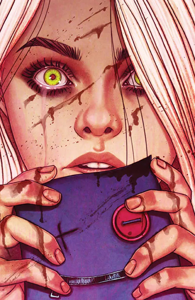 Intense close-up of a person with yellow eyes holding a purple game controller in Something Is Killing The Children #21 Cover G Unlockable, perfect for collectors of trading cards