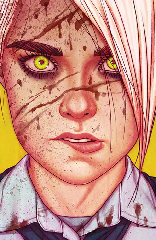 Stylized portrait of a character with yellow eyes and pink hair for trading cards
