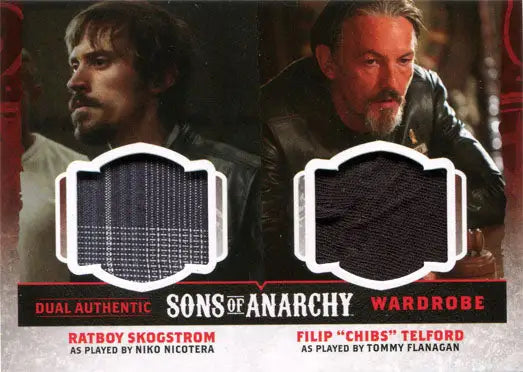 Dual wardrobe card featuring fabric swatches from Sons of Anarchy Season 4 & 5