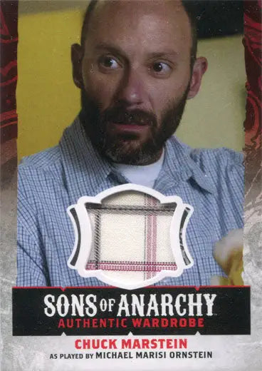 Plaid fabric in shield frame labeled Sons of Anarchy Authentic Wardrobe trading cards