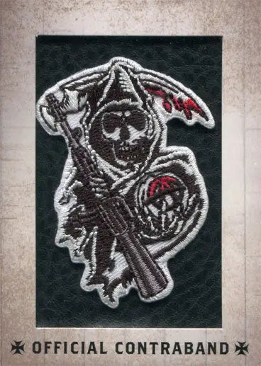 Embroidered Sons of Anarchy Reaper Patch with scythe, ideal for trading cards collectors