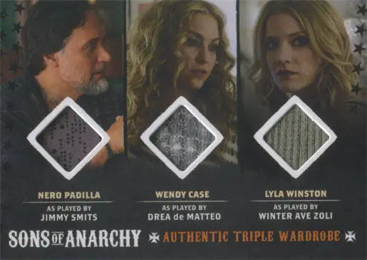 Promotional wardrobe card TM1 featuring Sons of Anarchy actors and costume swatches