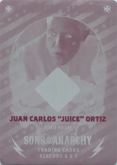 Trading card displaying authentic wardrobe M06 from Sons of Anarchy with head covering portrait