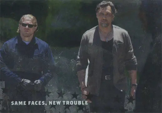 Two men outdoors in Sons of Anarchy trading cards fashion, one in sunglasses
