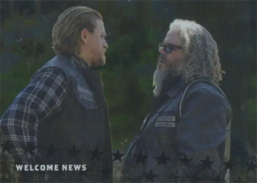 Two men in motorcycle club vests talk outdoors featured in Sons of Anarchy trading card