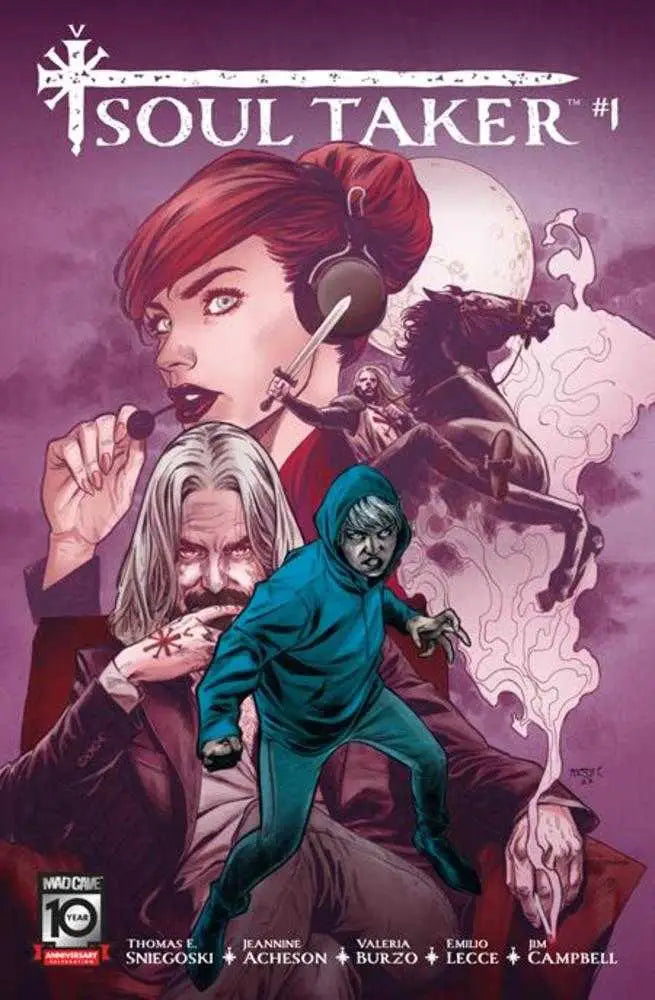 Comic book cover for Soul Taker #1 features dramatic artwork in purple, blue, and red tones