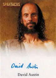 Bearded man with long dark hair on Spartacus 2012 Autograph Card signed by David Austin
