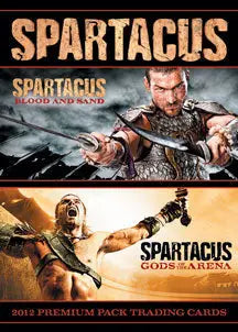 Promotional poster for Spartacus trading cards highlighting a gladiator-themed promo card