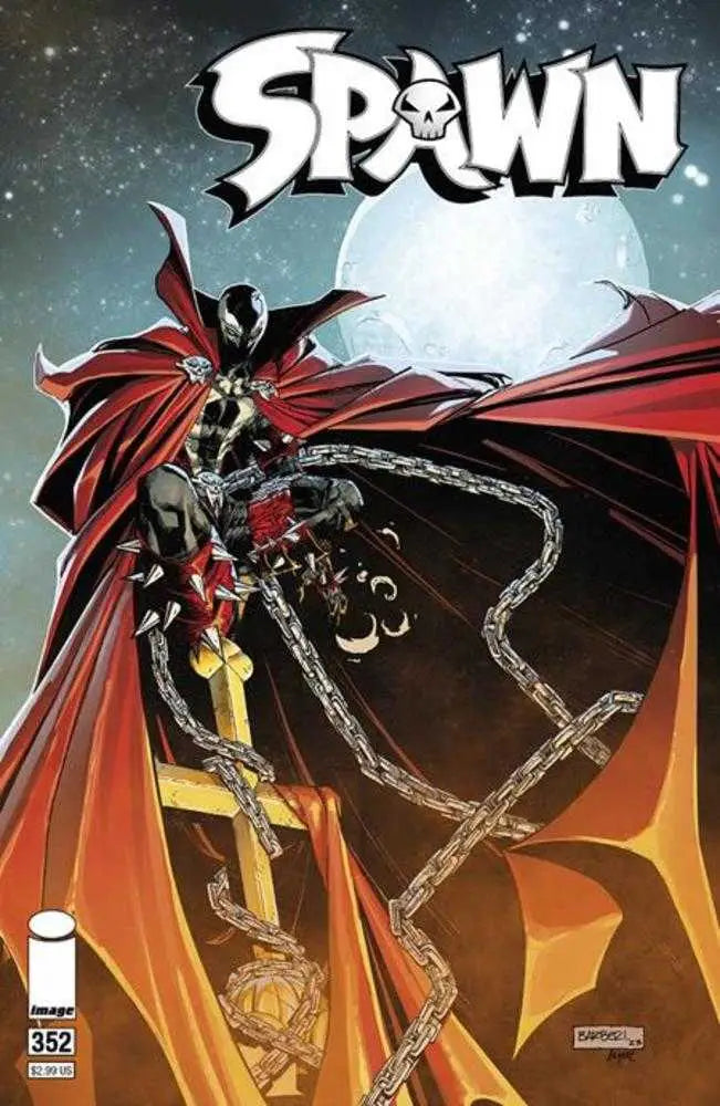 Comic book cover of Spawn #352 with chains and cape, ideal for trading cards collectors